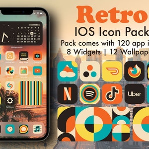 iOS 14/iOS 15 App Icons, Retro Aesthetic, Hand drawn illustrated iPhone widgets, Vintage 60&#39;s/70&#39;s Design