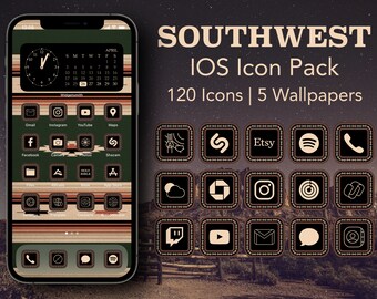 May include: A set of 20 brown and black square icons with a southwestern design. The icons feature various app logos, including Instagram, Etsy, Spotify, and more. The text "SOUTHWEST IOS Icon Pack 120 Icons | 5 Wallpapers" is displayed above the icons.