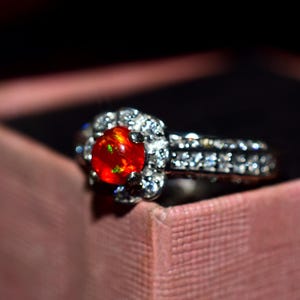 Round opal Engagement ring, 14k white gold ring, Cluster round opal wedding ring, Bridal ring promise ring Anniversary gift for her