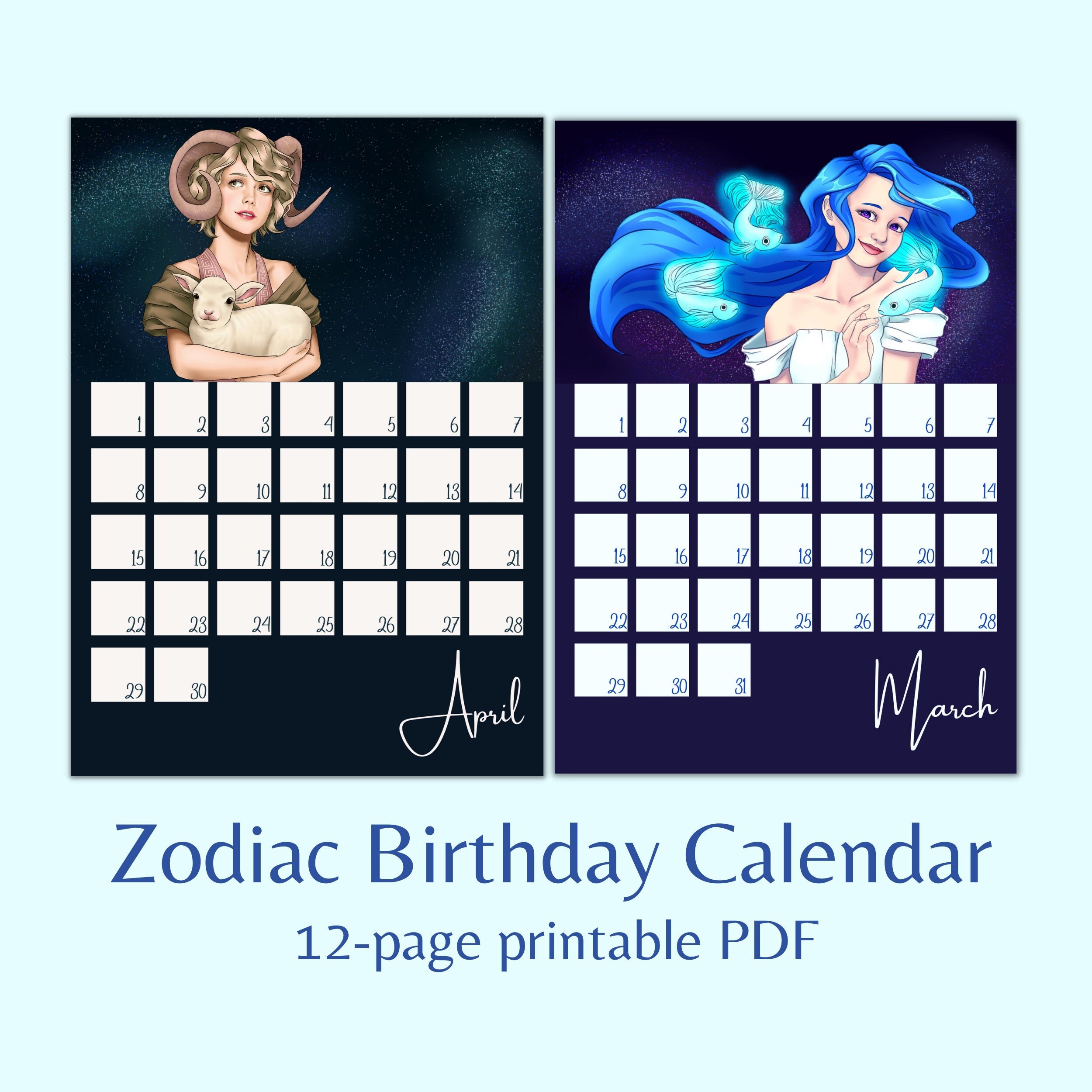 Printable perpetual calendar with zodiac theme astrology illustrated