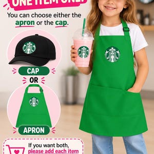 May include: A black baseball cap and a green apron, both featuring the white and green Starbucks siren logo. The text on the image reads: PLEASE NOTE: THIS LISTING IS FOR ONE ITEM ONLY. You can choose either the apron or the cap. CAP OR APRON.