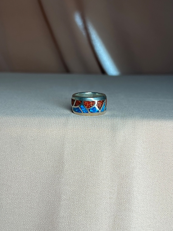 Heavy sterling silver turquoise & coral band sz4 - image 1