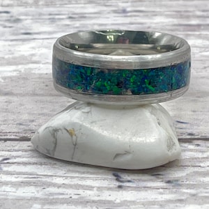Opal Inlay ring Black Emerald 8mm stainless steal, men and women wedding and engagement ring, Viking ring,unique promise ring.