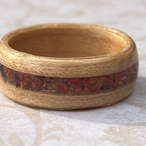 Opal Inlay ring tiger eye maple bentwood ring, 8mm engagement ring, Viking ring, Great ring for couples looking for something unique