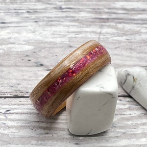 Wooden opal Inlay ring Alder bentwood Fuchsia,  8mm mens womens wedding engagement ring, unique promise ring, gift for him her