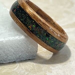 Wooden opal Inlay ring black fire Khaya bentwood,  8mm mens womens wedding band engagement ring, unique promise ring, Viking ring