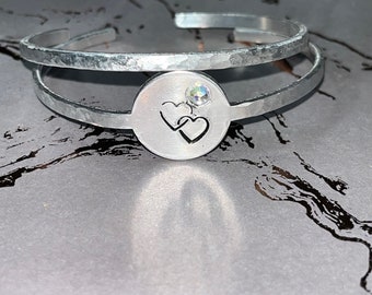 Double Heart Cuff-Style Bracelets, Double Heart Charm Silver Color Bracelet, 2 Piece Handstamp Bracelet,  Adjustable Cuff Bracelet Set