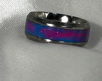 Pink and blue polymer clay wedding ring, stainless steel, inlay wedding ring, comfort fit ring.