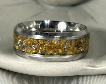 Gold stone inlay ring, stainless steel wedding band, comfort fit ring, gift for her.