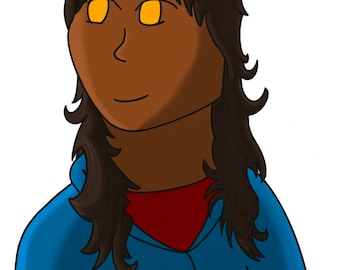 May include: A person with brown hair and dark skin wearing a blue hoodie with a red collar. They have bright yellow eyes and are looking up and to the right.