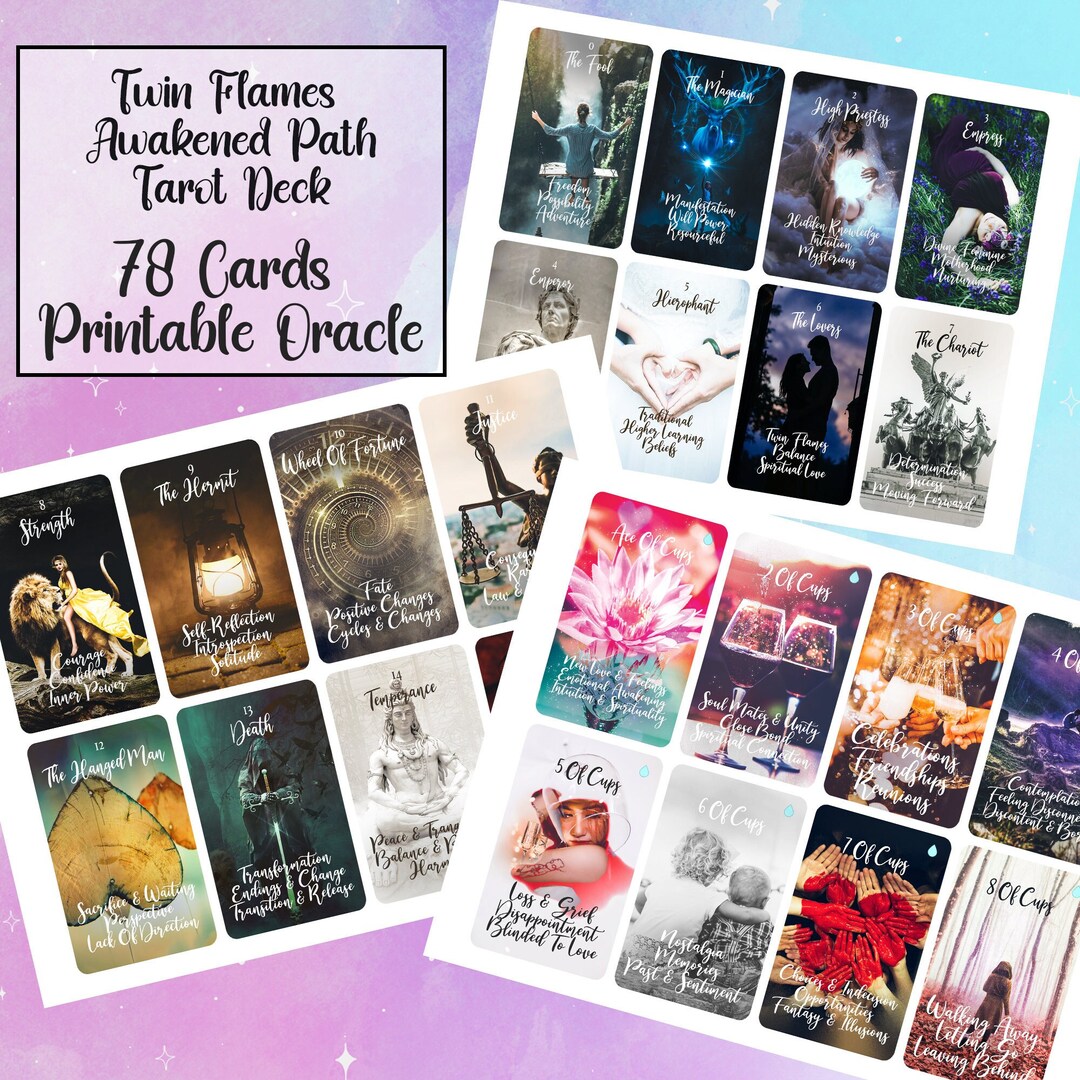 Twin Flame Printable Tarot Cards Digital 78 Tarot Deck Keywords Oracle ...