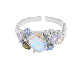 925 Sterling Silver Moonstone And Colourful Cubic Zirconia Texture Open Adjustable Ring.