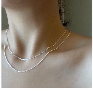 925 Sterling Silver Double Layer Adjustable Necklace, Chopin Chain And Cable Chain Necklace, Shining Sparkle Minimalist Necklace.