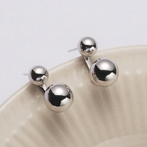 925 Sterling Silver Earrings, Ear Jacket, Stud Earrings, Double Silver Beads Earrings, Minimalist Metal Beads Earrings, Gift for Her