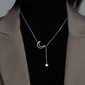 925 Sterling Silver Necklace, Moon and Star Necklace, Celestial Necklace, Minimalist Necklace, Sweater Necklace, Valentine's Gift for Her