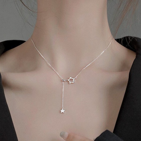 925 Sterling Silver Adjustable Charm Necklace with Zircon Star Pendant.