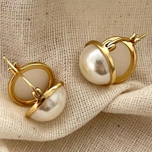 925 Sterling Silver Double Half Shell Pearls Simple Vintage Dangle Earring. Vermeil/Silver.