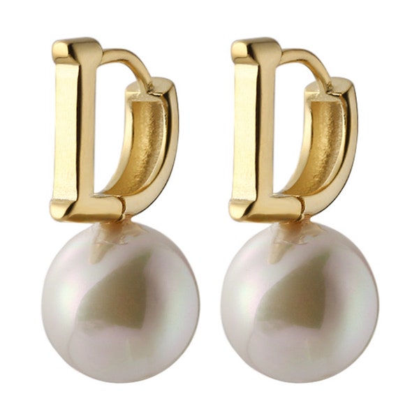 Boucles d'oreilles en argent sterling 925 avec perles, lettre D, pendants d'oreilles en perles, boucle d'oreille en perles rondes, boucle d'oreille en perles de 10 mm, boucles d'oreilles en vermeil, minimaliste