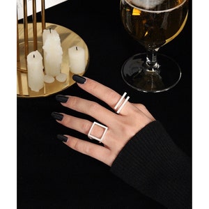 925 Sterling Silver Geometric Square Open Adjustable Ring.