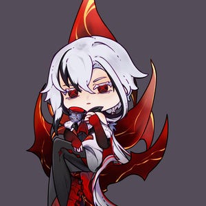 May include: A chibi-style illustration of a character with white hair and red eyes, wearing a red and black outfit. The character is seated, surrounded by a red, flame-like design. The background is a muted purple.