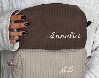 Personalised Waffle Cosmetic Bag, Embroidered Makeup Bag, Bridal Gift, Gift For Her - White and Pink - Taupe or Brown