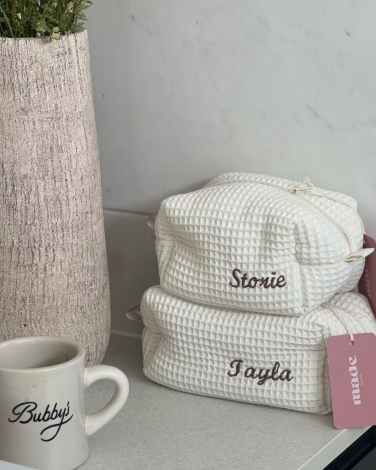 Personalised cosmetic/makeup bag in waffle fabric, skincare bag, bridal gift, bridesmaid bags, makeup bag, gifts for her