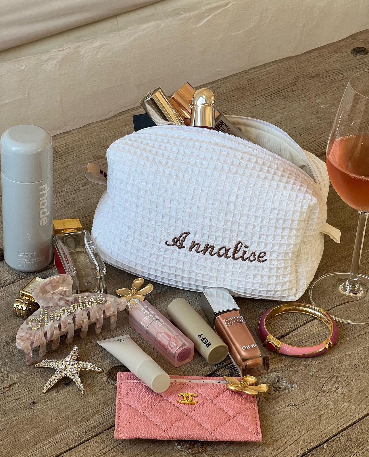 Personalised cosmetic/makeup bag in waffle fabric, skincare bag, bridal gift, bridesmaid bags, makeup bag, gifts for her