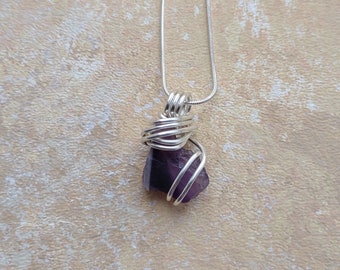 Silver plated copper wire wrapped Amethyst pendant