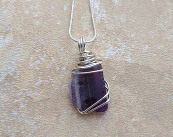 Silver Plated Copper Wire Wrapped Amethyst Pendant