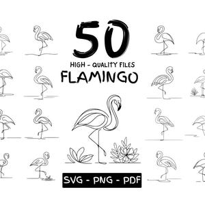 May include: A set of 50 high-quality flamingo illustrations in black and white. The illustrations are in a line art style and feature various poses of flamingos. The text "50 HIGH-QUALITY FILES FLAMINGO SVG - PNG - PDF" is also included in the image.