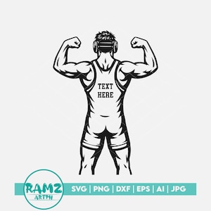 May include: Black and white illustration of a muscular person flexing their arms, wearing a singlet with "TEXT HERE" printed on it. The person is wearing headphones. The image includes the text "RAMZ ARTPH" and file type options.