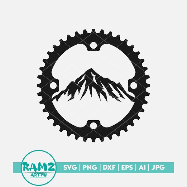 Mountain bike SVG file Chain ring with mountain - mountain bike svg, mtb svg, biker svg, cycling svg, dxf, eps, cut file, png