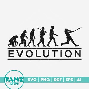 以下が含まれることがあります： 男性の進化の白黒シルエットで、バットを振る野球選手で終わります。シルエットの下に「EVOLUTION」というテキストがあります。