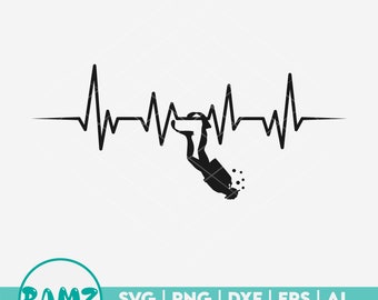 Scuba SVG file Heartbeat - scuba diving svg, diver svg, snorkeling svg, scuba diver svg, silhouette, png, cut file, clipart