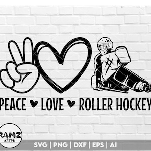 Roller Skate Hockey SVG archivo Peace love hockey - jugador de patines svg, palo de hockey svg, skate svg, png, archivo cortado