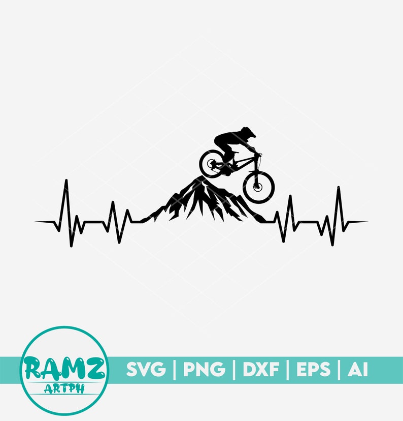 May include: Black silhouette of a mountain biker riding up a mountain with a heartbeat graphic on either side.