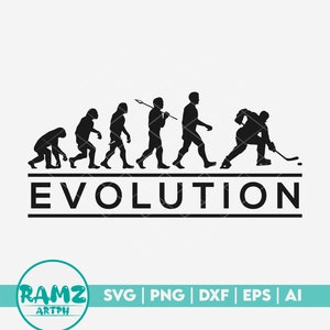 May include: Black and white silhouette of the evolution of man, ending with a hockey player. The text "EVOLUTION" is below the silhouettes.
