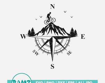 Könnte beinhalten: Schwarz-weiße Silhouette eines Mountainbikers, der auf einem Berggipfel fährt, mit einem Kompass darunter. Der Kompass zeigt die Richtungen Nord, Süd, Ost und West.