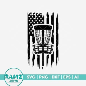 May include: Black and white silhouette of a disc golf basket in front of a distressed American flag.