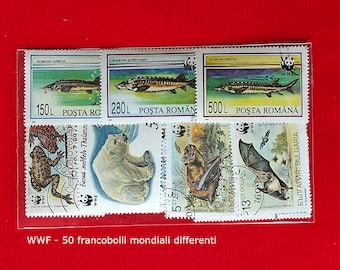 Veel van 50 WWF-thematische postzegels gebruikt - 50 thematische verschillende geannuleerde WWF-postzegels van over de hele wereld