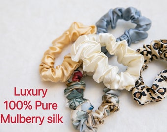 100% Pure Mulberry Silk Scrunchies set, Hair Tie real silk Scrunchies, soft minimal scrunchies, silk Hair Ties, white gold luxe scrunchies