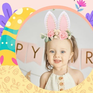 Cute bunny headband for Baby Girl Toddler, Bunny Ears 5 inches Extra Large Pink Beige Pearl Easter Egg Big flower floral party gift