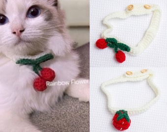 Collier de chat au crochet fraise réglable, collier de chat pour animaux de compagnie, collier de chien fait à la main, accessoires pour chat, foulard pour chat, cadeau de chat, ornement de chat