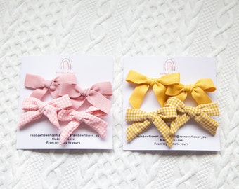 Pink & Yellow baby bow hair clip sets, toddler girl hair accessory, baby gift, hair accessory, floral plaid plain linen bow hair clip