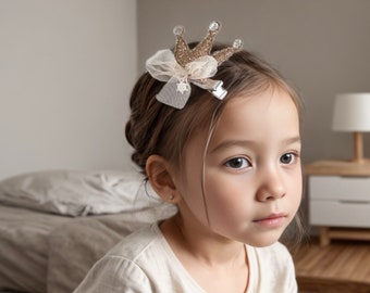 Unique Golden Silver Princess crown hair clip with rhinestone baby girl toddler kid hair bow accessory, birthday girl hair clip queen cute