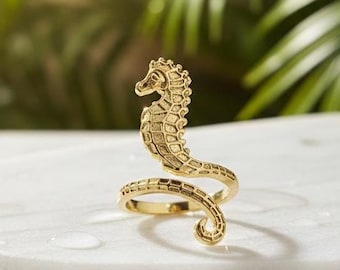 18K Gold Plated Seahorse Ring, Sterling Silver, Boho Chunky Jewelry