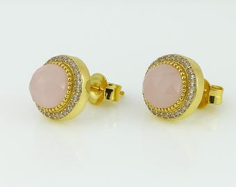 Pink Rose Stud Earrings: Gold Plated Sterling Silver, CZ Halo