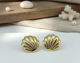 18k Gold Seashell Stud Earrings: Sterling Silver Boho Jewelry gifts for her