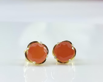 Carnelian Flower Stud Earrings: 18K Gold Plated Sterling Silver