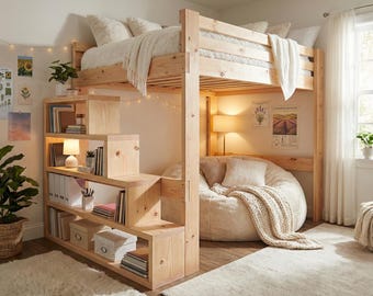DIY Full Size Loft Bed Plan PDF: Built-In Stair Shelves, Beginner Friendly